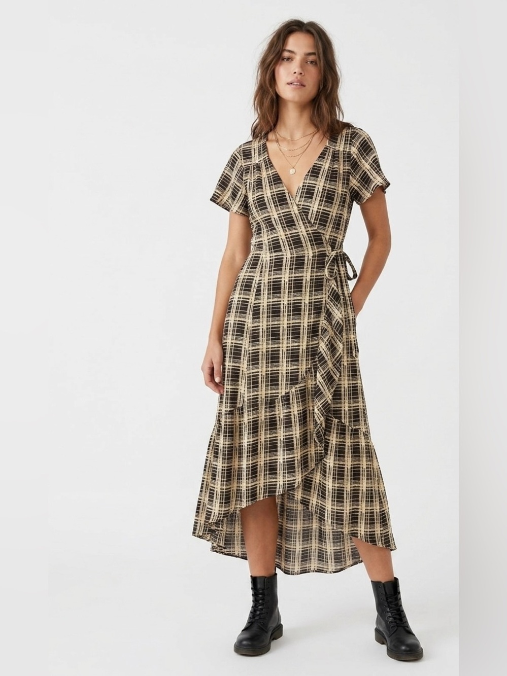 Urban Outfitters $99 P2P 16.5”Daphne Wrap Midi Dress Black Cream Plaid S Hi Low